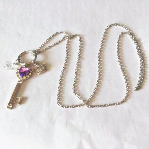 Silver Key Charm Necklace Purple Crystal - Picture 5 of 10